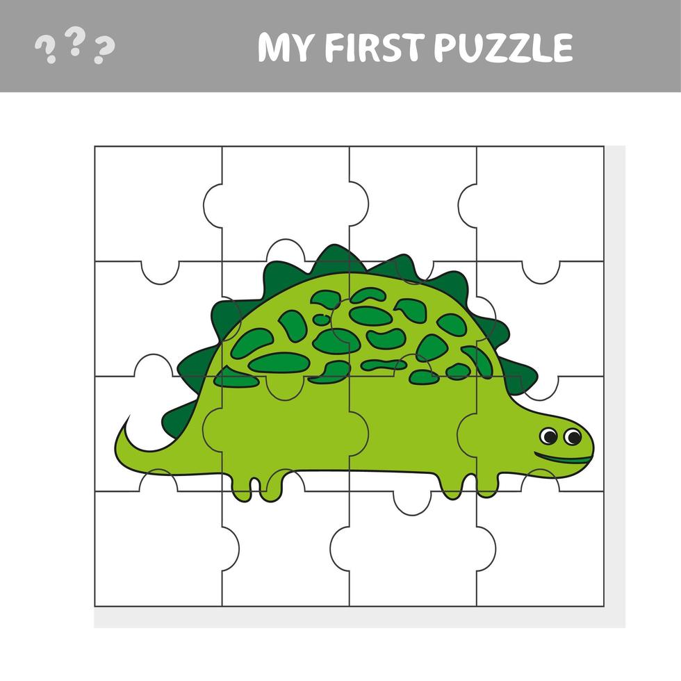 Cute puzzle game. Vector illustration of puzzle game with happy cartoon dino