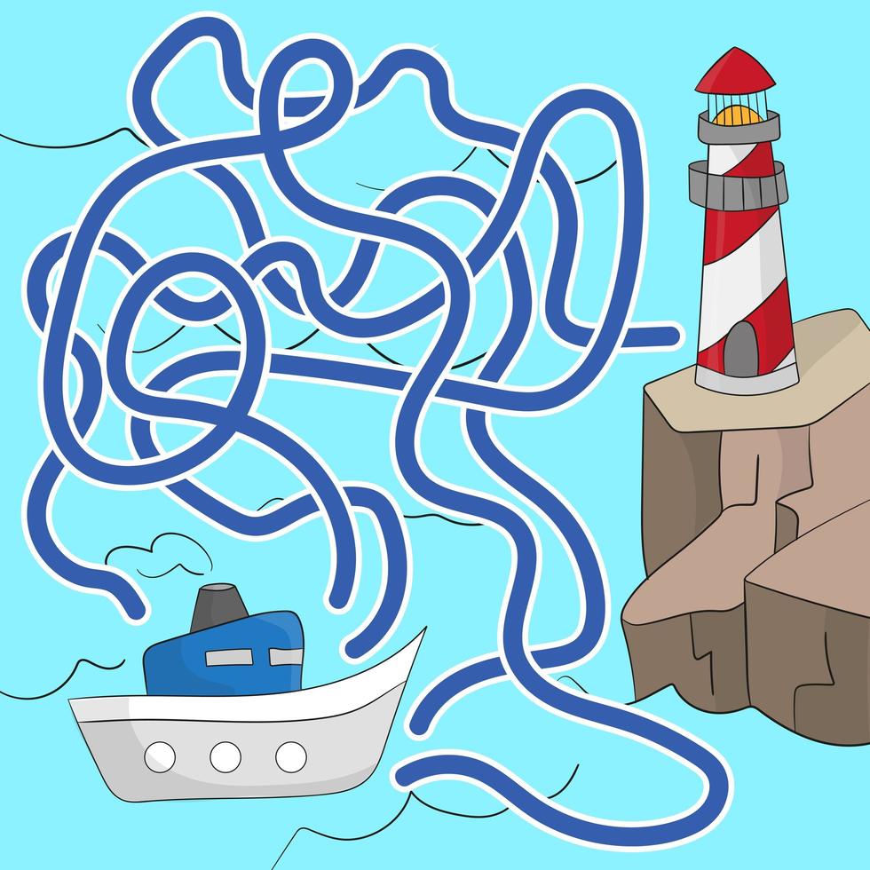 Maze game for children. Help the boat get to the lighthouse. vector