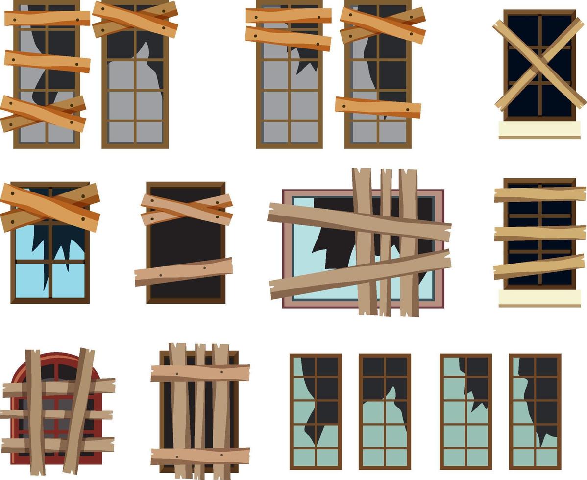 conjunto de diferentes ventanas en ruinas. vector