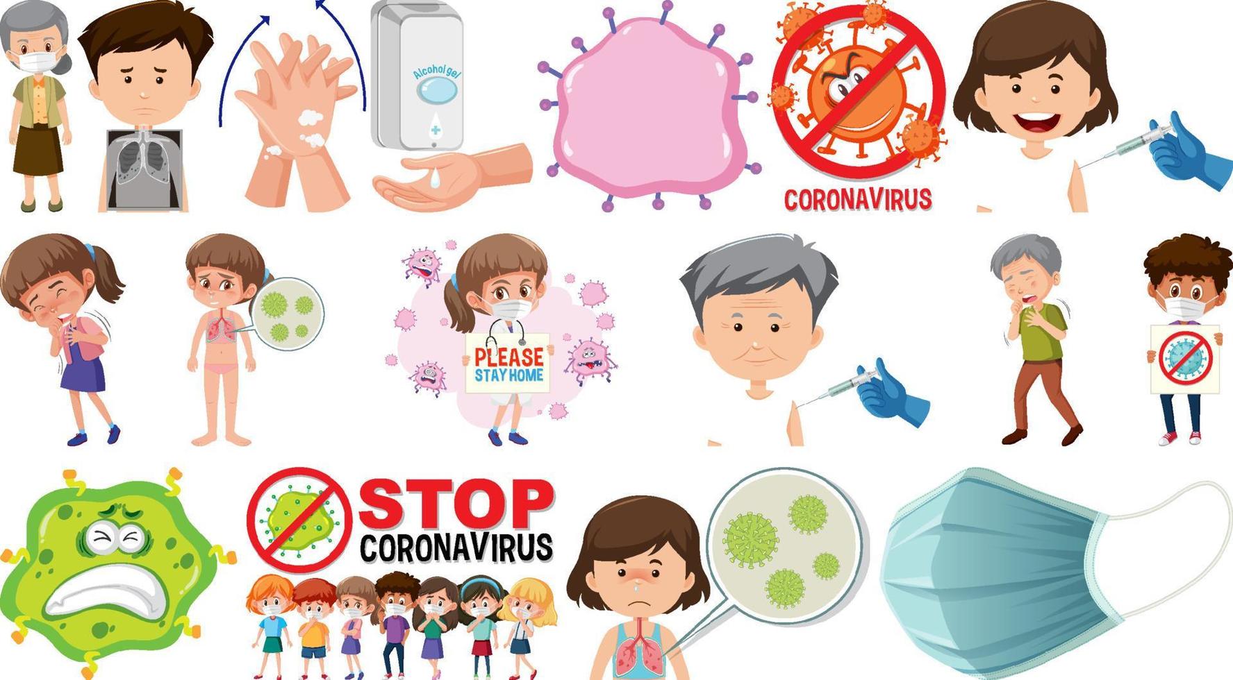 Cartoon character and Coronavirus vaccination isolated objects vector