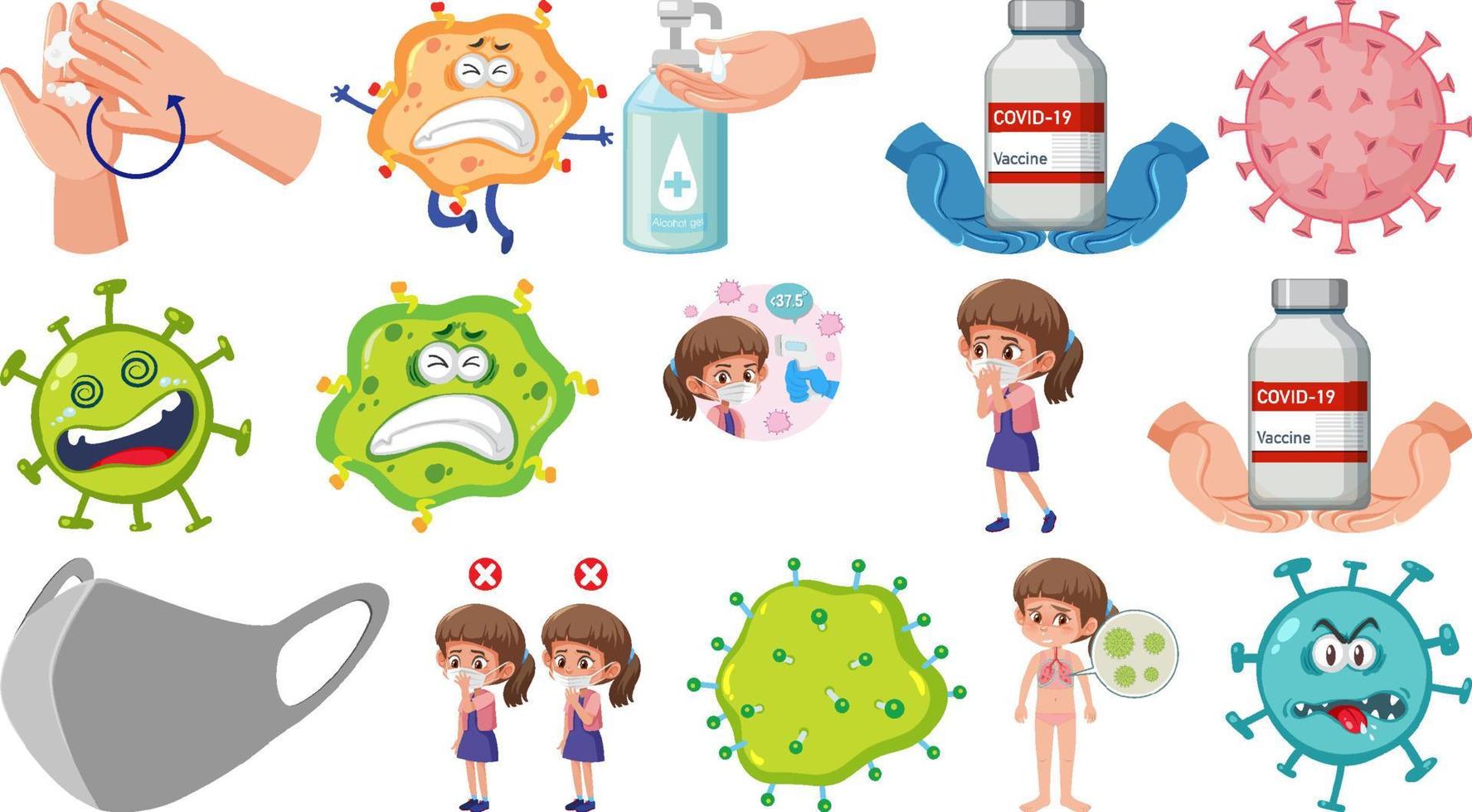 Cartoon character and Coronavirus vaccination isolated objects vector
