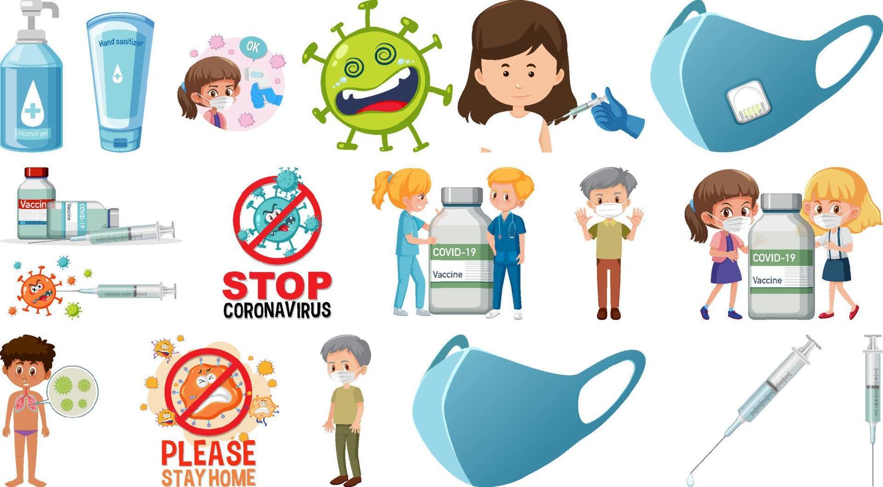 Cartoon character and Coronavirus vaccination isolated objects vector