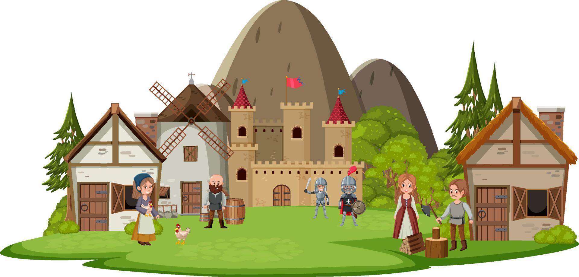 Medieval village scene on white background vector