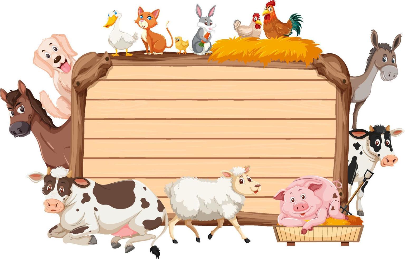 Tabla de madera vacía con varios animales de granja. vector