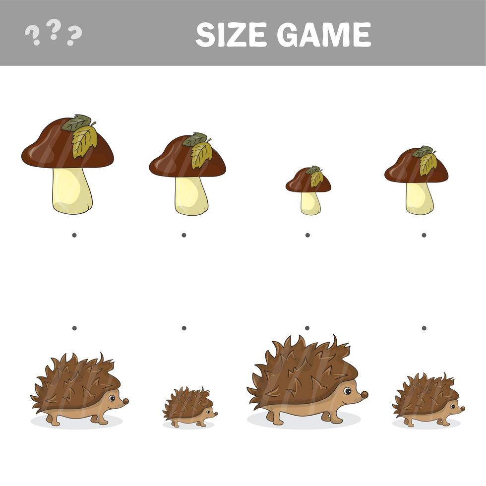 Autumn matching game for children, connect hedgehogs with mushrooms by size vector