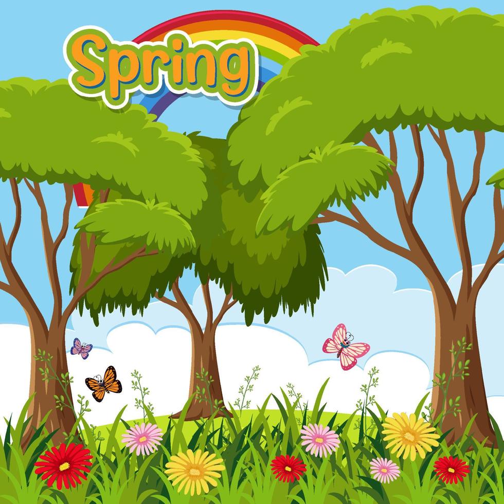temporada de primavera con árboles y fondo de campo de flores vector