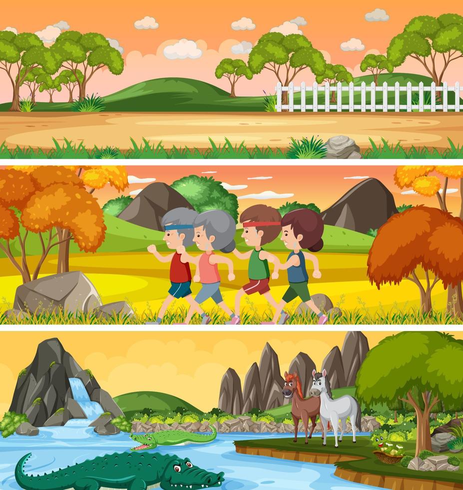 paisaje de naturaleza diferente en la escena diurna con personaje de dibujos animados vector