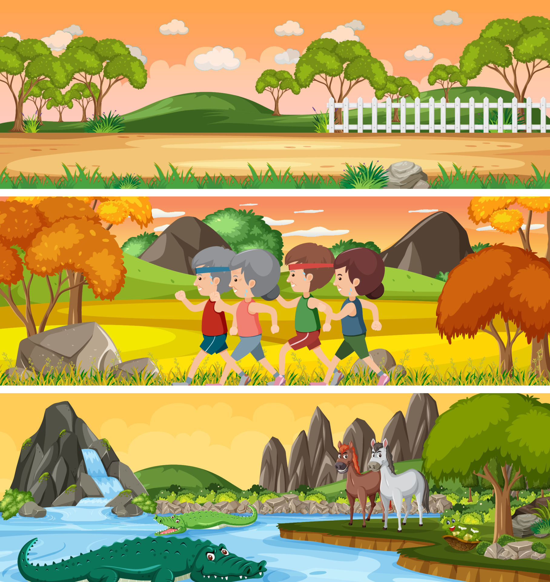 Different nature landscape at daytime scene with cartoon character 4560220  Vector Art at Vecteezy