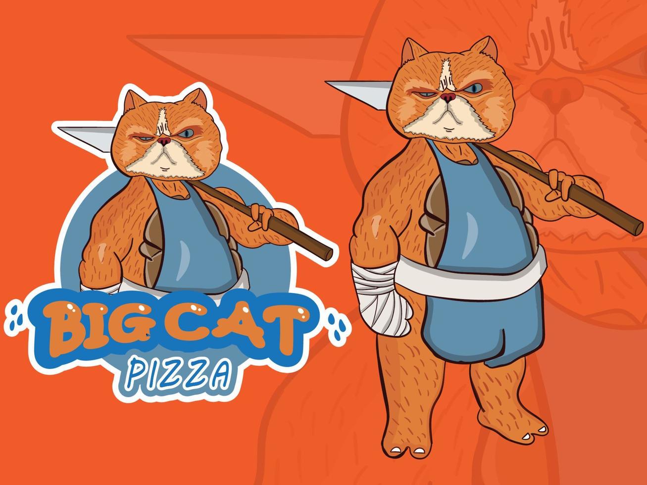 big cat mascot cartoon character holding pizza grill vector