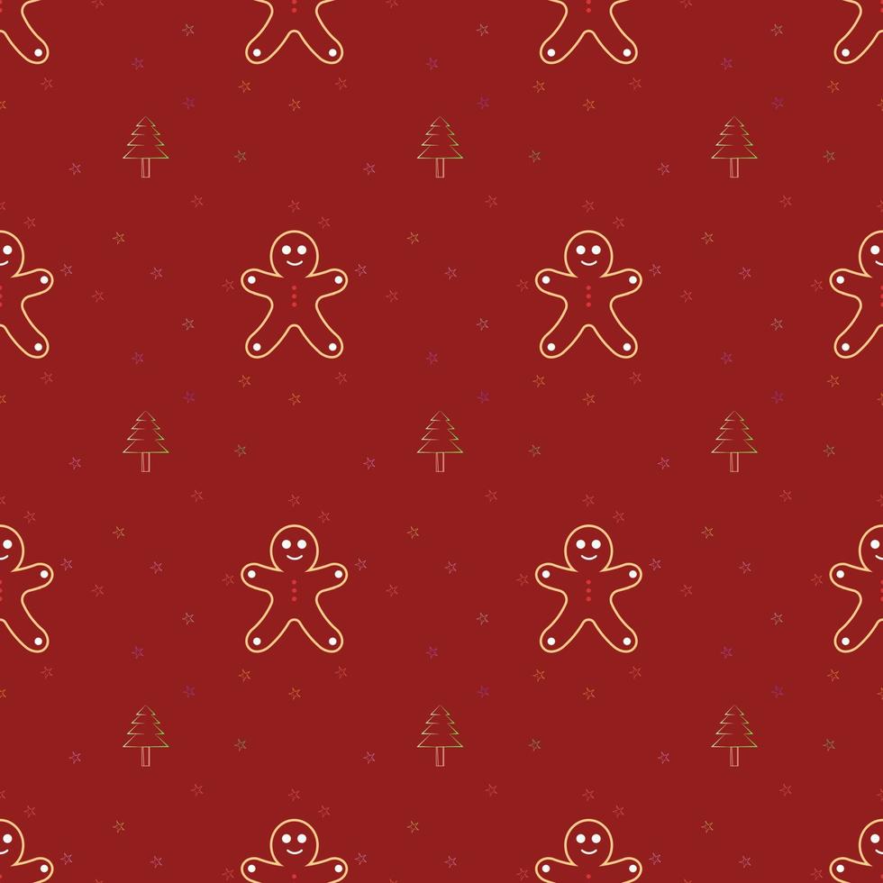 Christmas repeat pattern created with ginger bread stars and Christmas tree, Hand drawn vector repeat pattern for textile, gift wrapper, fabric, web backdrop and packaging.