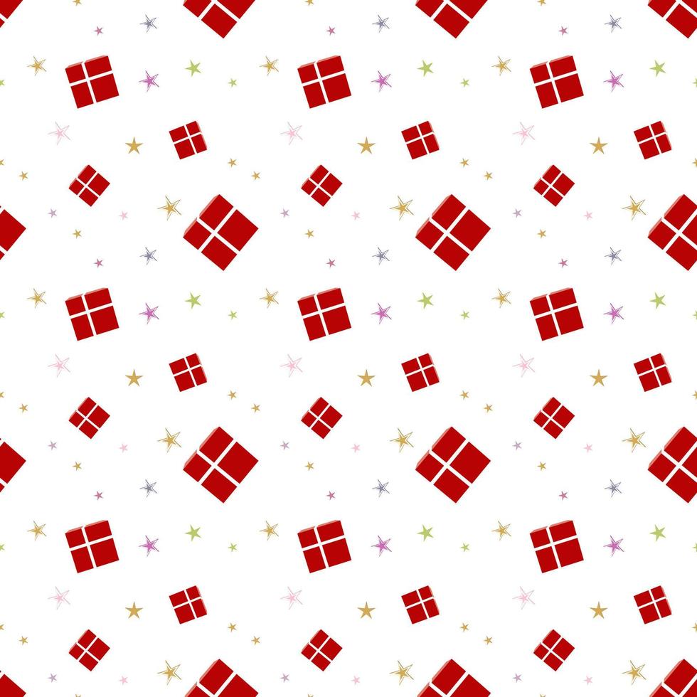 patrón de repetición de Navidad creado con caja de regalo roja atada con cinta de color claro y estrellas, patrón de repetición de vector dibujado a mano para textil, envoltorio de regalo, tela, telón de fondo web y embalaje.