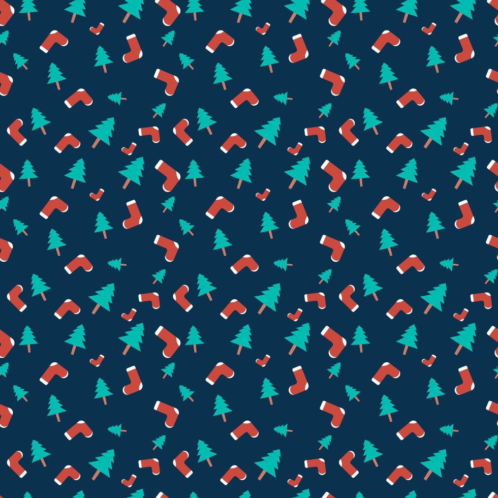 Christmas repeat pattern created with socks and Christmas tree on dark greenish blue background, Hand drawn vector repeat pattern for textile, gift wrapper, fabric, web backdrop and packaging.