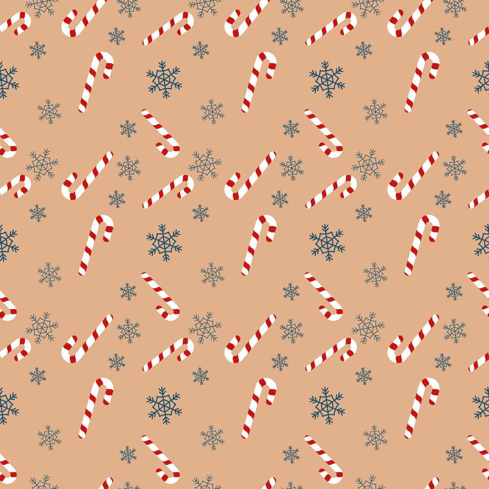 patrón de repetición de Navidad creado con bastón de caramelo y copos de nieve, patrón de repetición de vector dibujado a mano para textil, envoltorio de regalo, tela, telón de fondo web y embalaje.