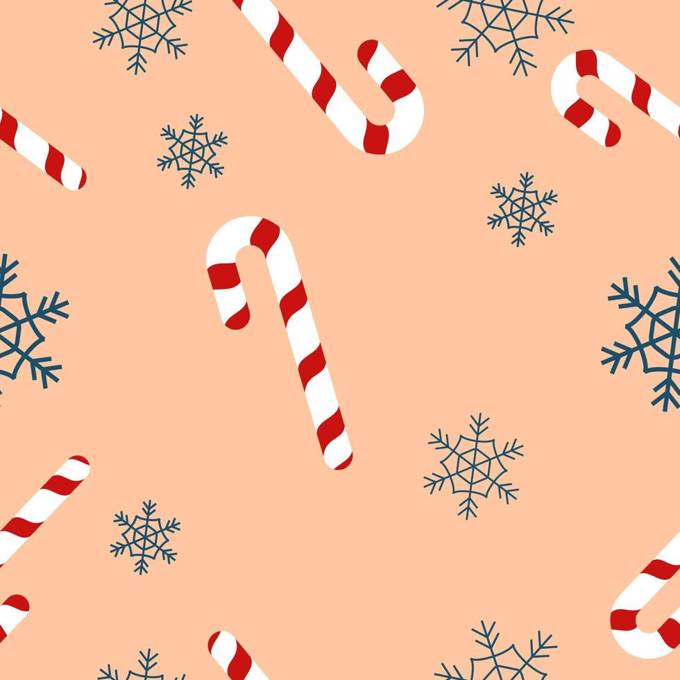 Christmas repeat pattern created with candy cane and snow flake, Hand drawn vector swatch for textile, gift wrapper, fabric, web backdrop and packaging.