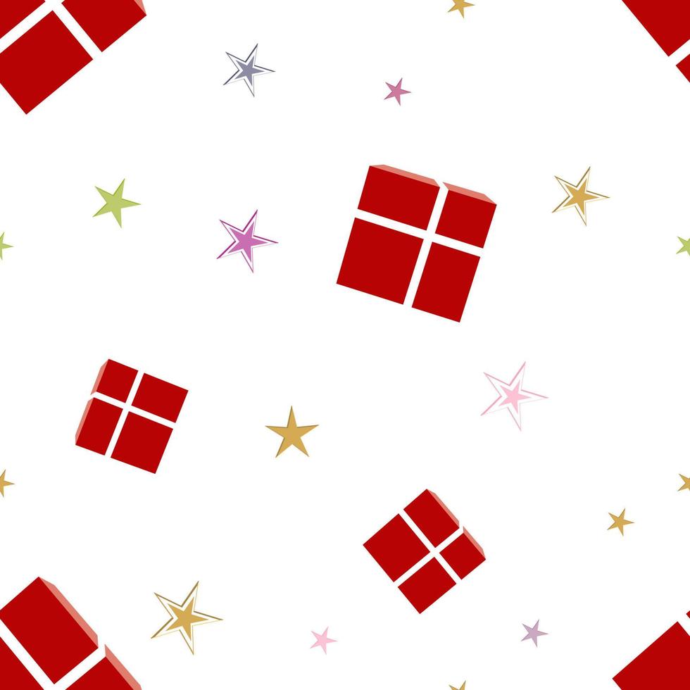 patrón de repetición de Navidad creado con caja de regalo roja atada con cinta de color claro y estrellas, muestra de vector dibujado a mano para textil, envoltorio de regalo, tela, telón de fondo web y embalaje.