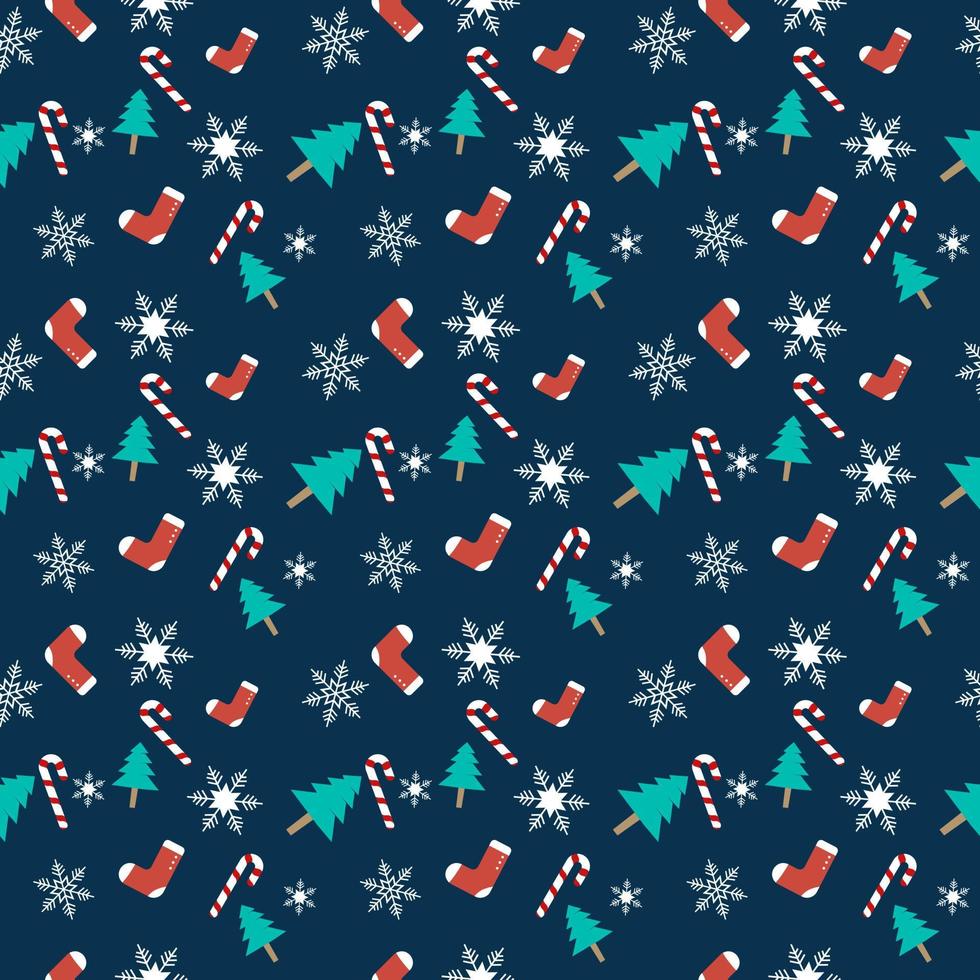 Christmas theme repeat pattern created with elements like Christmas tree, socks, snowflakes, candy cane Hand drawn vector repeat pattern for textile, fabric, gift wrapper, packaging and web backdrop.