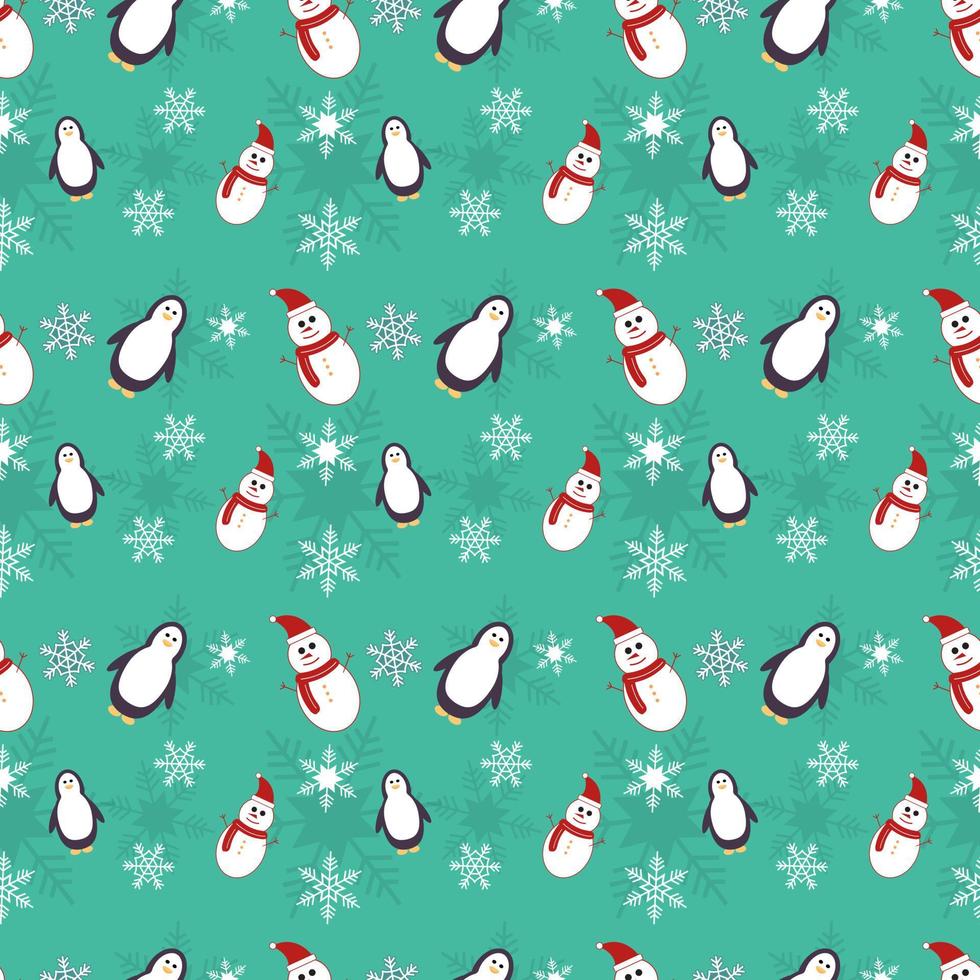 Christmas theme seamless repeat pattern created with elements like penguin, snowmen and snowflakes, Hand drawn vector repeat pattern for textile, fabric, gift wrapper, packaging and web backdrop.