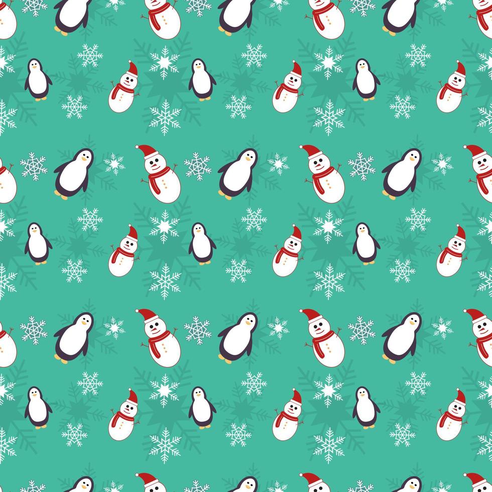 Christmas theme seamless repeat pattern created with elements like penguin, snowmen and snowflakes, Hand drawn vector repeat pattern for textile, fabric, gift wrapper, packaging and web backdrop.