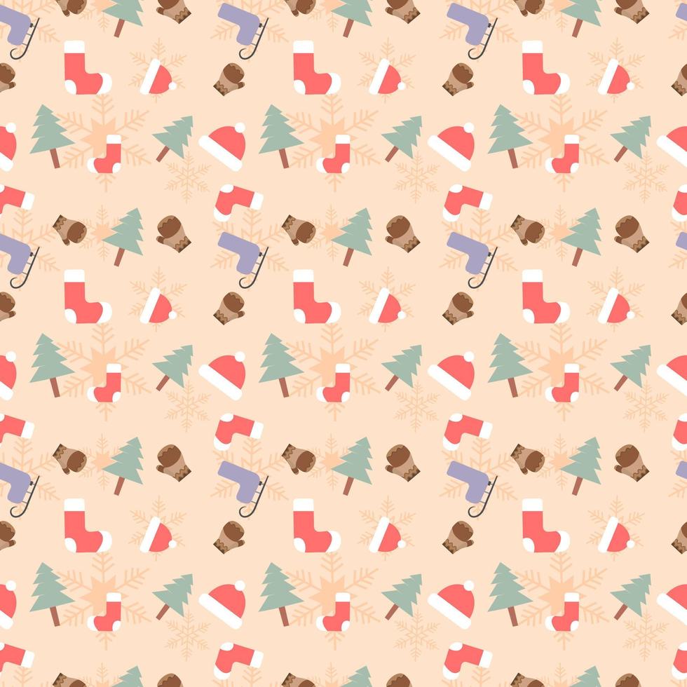 Christmas theme seamless repeat pattern created with elements like gloves, socks, Christmas tree ski skates, Hand drawn vector repeat pattern for textile, fabric, gift wrapper, packaging and backdrop