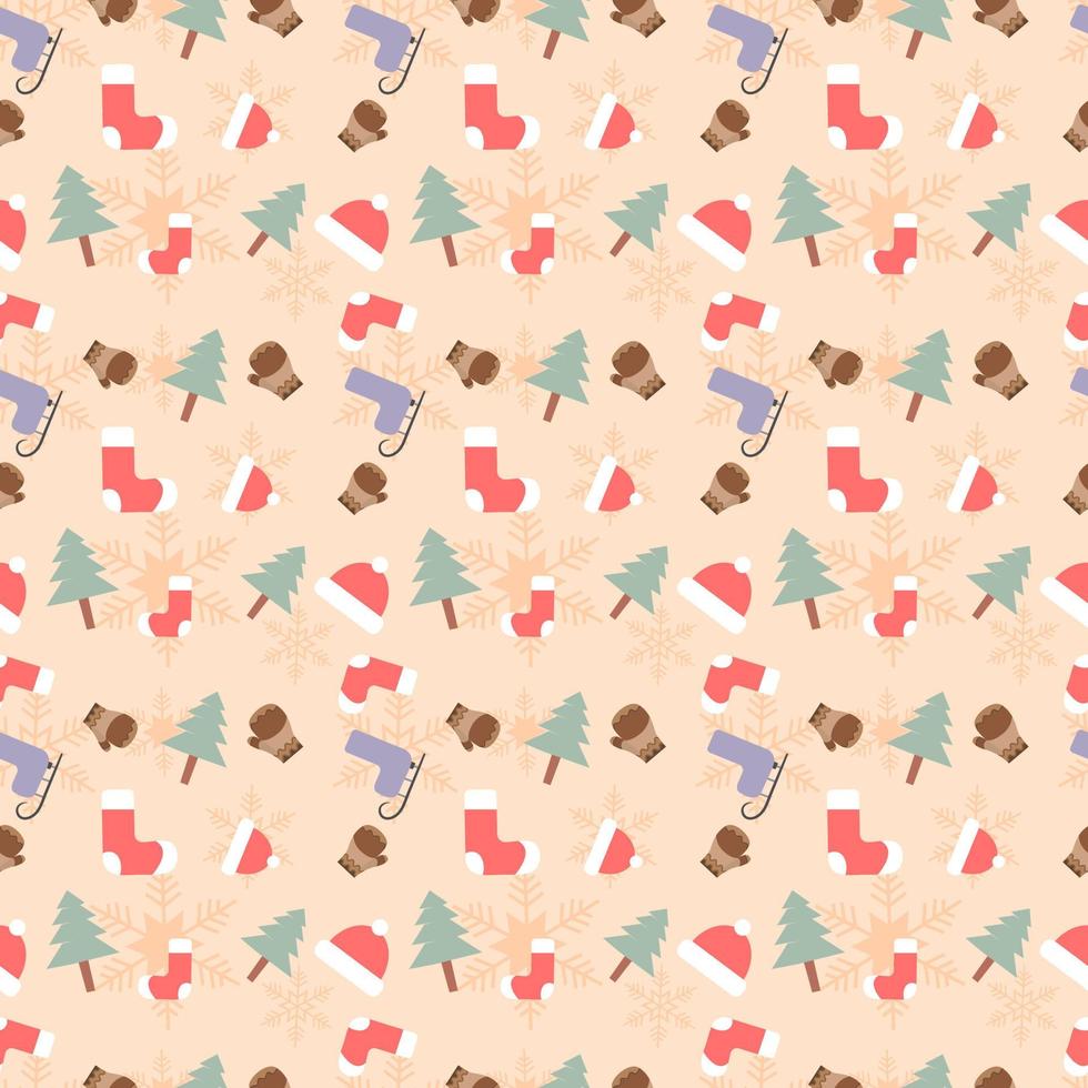 Christmas theme seamless repeat pattern created with elements like gloves, socks, Christmas tree ski skates, Hand drawn vector repeat pattern for textile, fabric, gift wrapper, packaging and backdrop