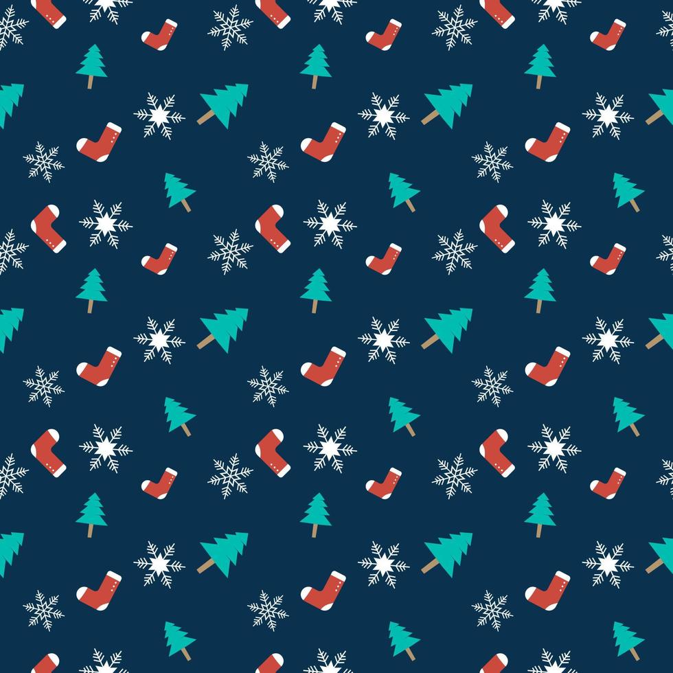 Christmas theme seamless repeat pattern created with elements like Christmas tree, socks and snowflakes, Hand drawn vector repeat pattern for textile, fabric, gift wrapper, packaging and web backdrop.