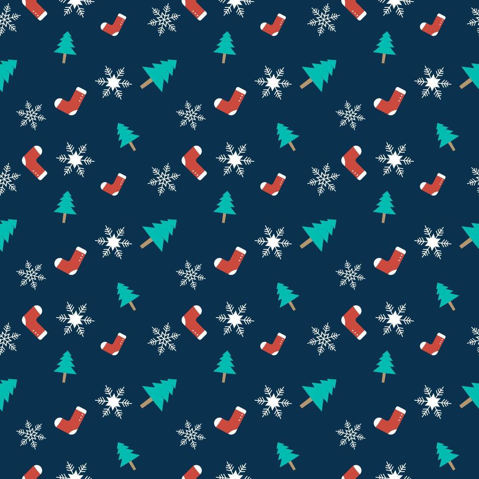 patrón de repetición perfecta de tema navideño creado con elementos como árbol de navidad, calcetines y copos de nieve, patrón de repetición de vector dibujado a mano para textil, tela, envoltorio de regalo, embalaje y telón de fondo web.