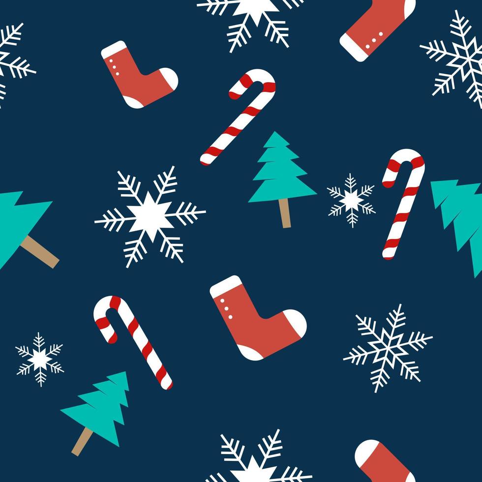 Christmas theme repeat pattern created with elements like Christmas tree, socks, snowflakes, candy cane Hand drawn vector pattern swatch for textile, fabric, gift wrapper, packaging and web backdrop.