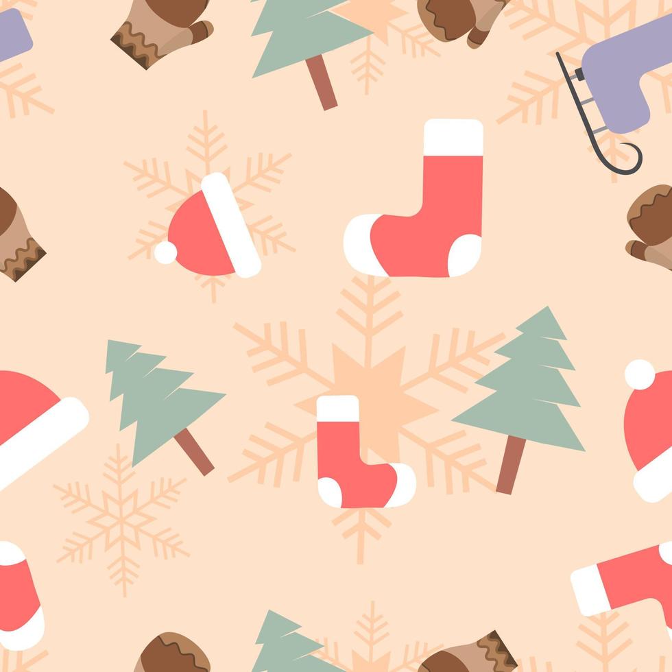 Christmas theme seamless repeat pattern created with elements like gloves, socks, Christmas tree ski skates, Hand drawn vector pattern swatch for textile, fabric, gift wrapper, packaging and backdrop