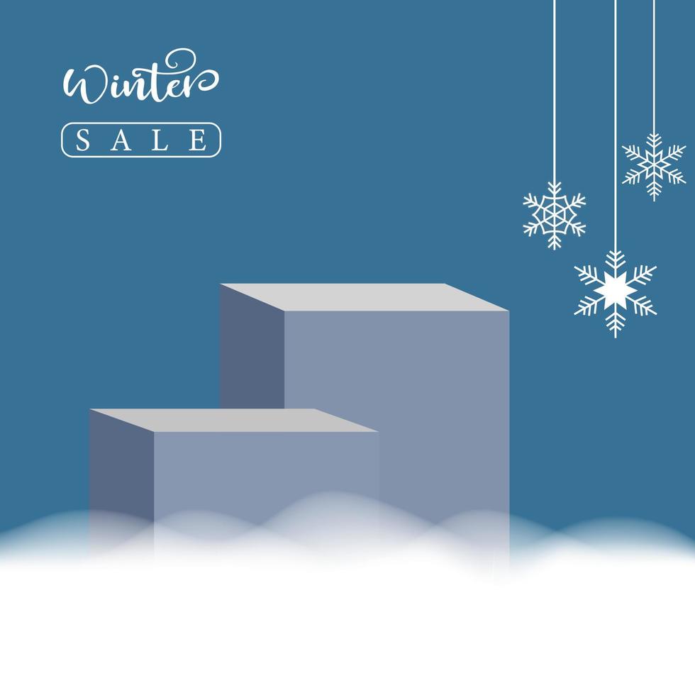 Winter sales banner illustrated on blue background, Winter sales banner created with snowflakes, clouds and stage. vector