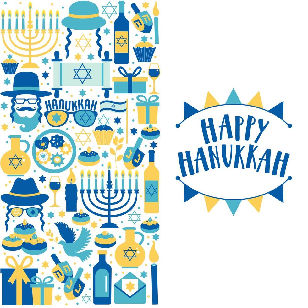 Jewish holiday Hanukkah greeting card traditional Chanukah symbols - wooden dreidels spinning top and Hebrew letters, donuts, menorah candles, oil jar, star David illustration. vector