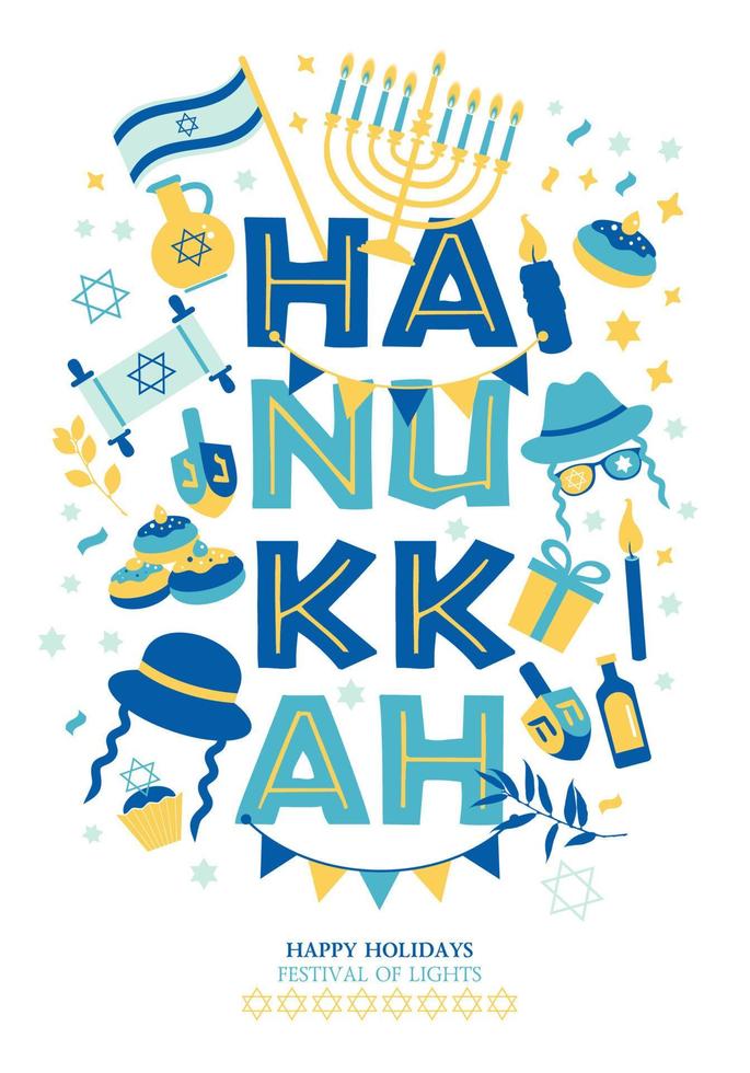 Jewish holiday Hanukkah greeting card and invitation traditional Chanukah symbols -dreidels spinning top, donuts, menorah candles, oil jar, star David illustration. vector