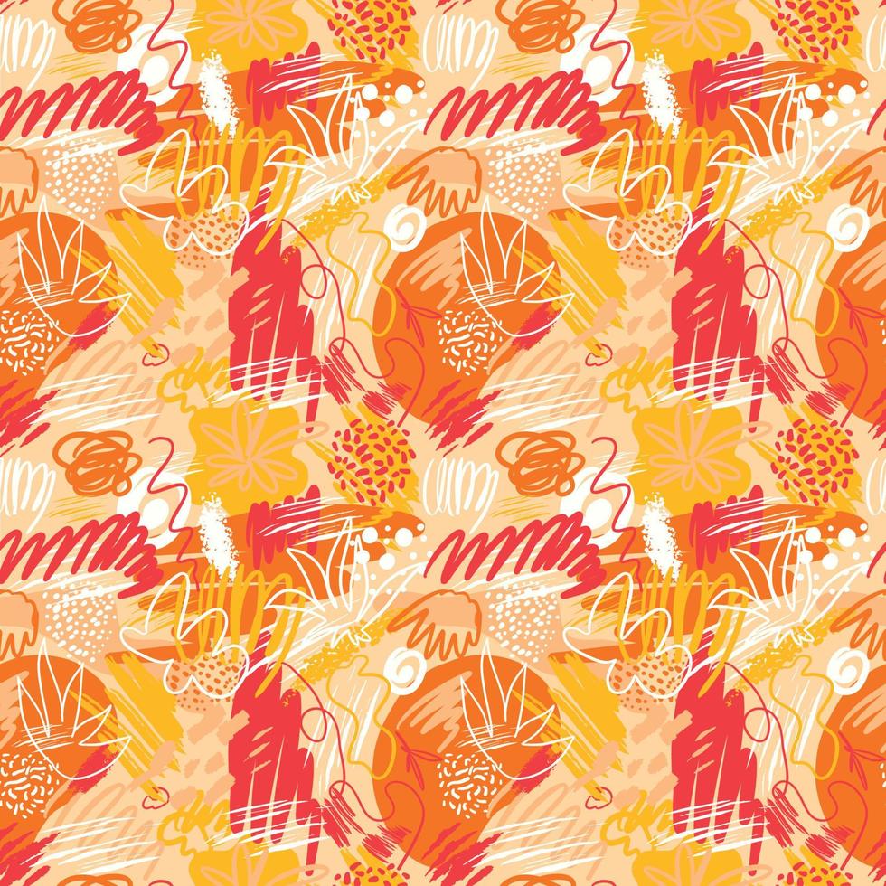 Patrones abstractos sin costuras con texturas dibujadas a mano en estilo memphis, impresión de tendencia en colores brillantes de verano. Fondo de moda retro. vector