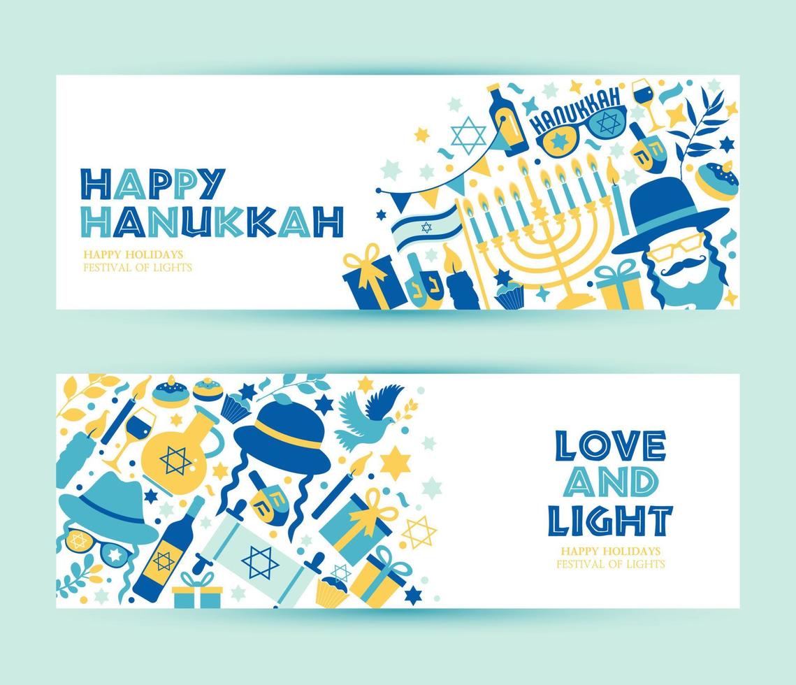 Jewish holiday Hanukkah banner set and invitation traditional Chanukah symbols. vector