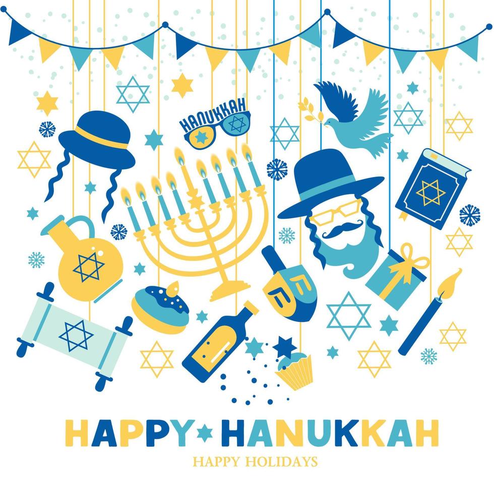 tarjeta de felicitación e invitación de la festividad judía de hanukkah símbolos tradicionales de janucá: trompo de dreidels, rosquillas, velas de menorá, tarro de aceite, ilustración de la estrella david. vector