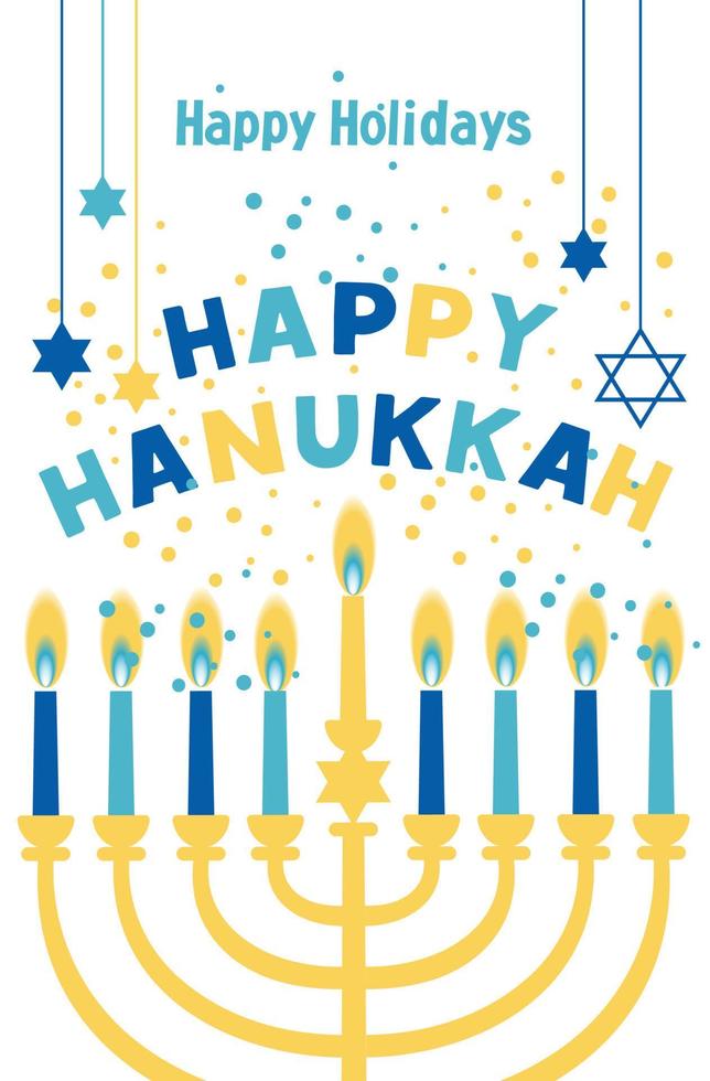 Jewish holiday Hanukkah greeting card traditional Chanukah symbols - menorah candles, star David illustration on blue. vector
