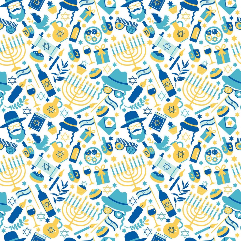 Jewish holiday Hanukkah seamless pattern with Chanukah symbols -dreidels spinning top, donuts, menorah candles, oil jar, star David illustration. vector