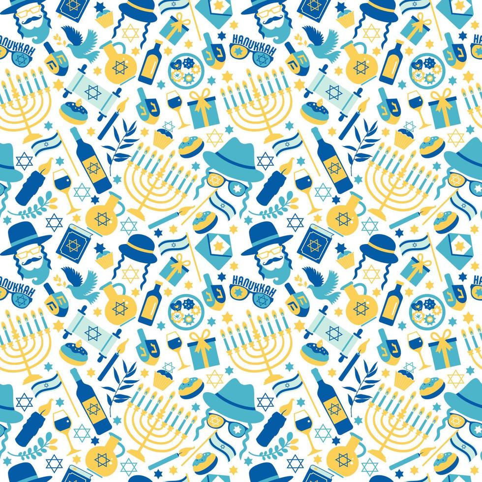 Jewish holiday Hanukkah seamless pattern with Chanukah symbols -dreidels spinning top, donuts, menorah candles, oil jar, star David illustration. vector