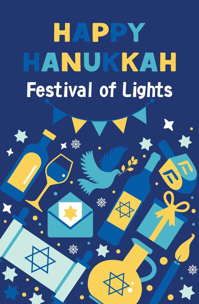 pancarta, póster, postal de felicitación de hanukkah con velas, dreidel, estrella judía, aceite, menorá, confeti, letras. diseño para el festival de la invitación de las luces, tarjetas de felicitación judías. vector