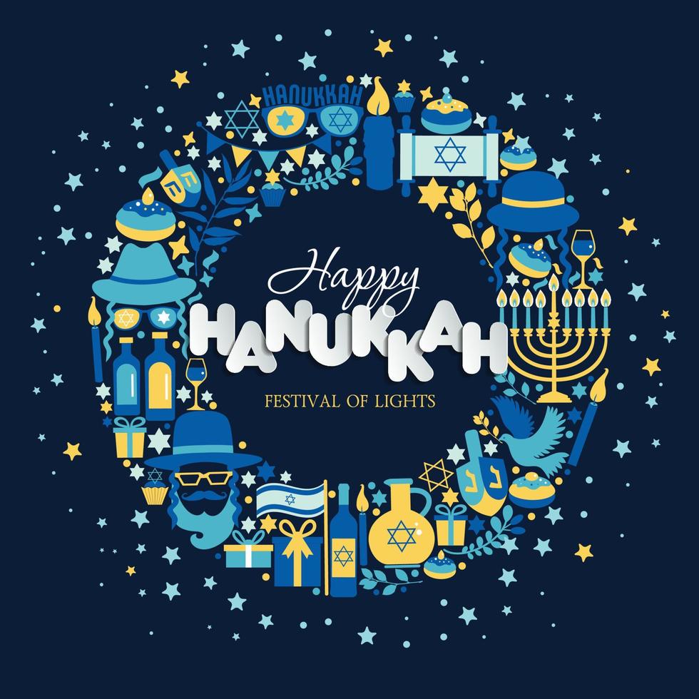 Jewish holiday Hanukkah greeting card traditional Chanukah symbols- dreidels spinning top, donuts, menorah candles, oil jar, star David illustration in wreath. vector