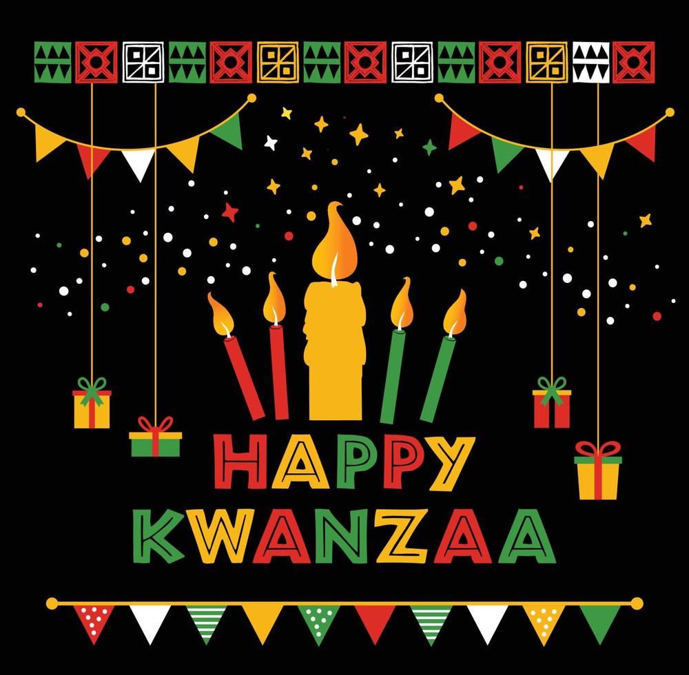 Vector illustration of Kwanzaa. Holiday african symbols with lettering, candles on black background.