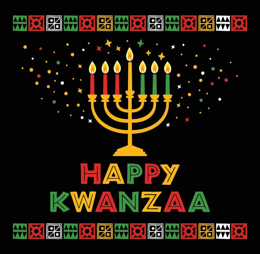 Vector illustration of Kwanzaa. Holiday african symbols with lettering, candles on black background.