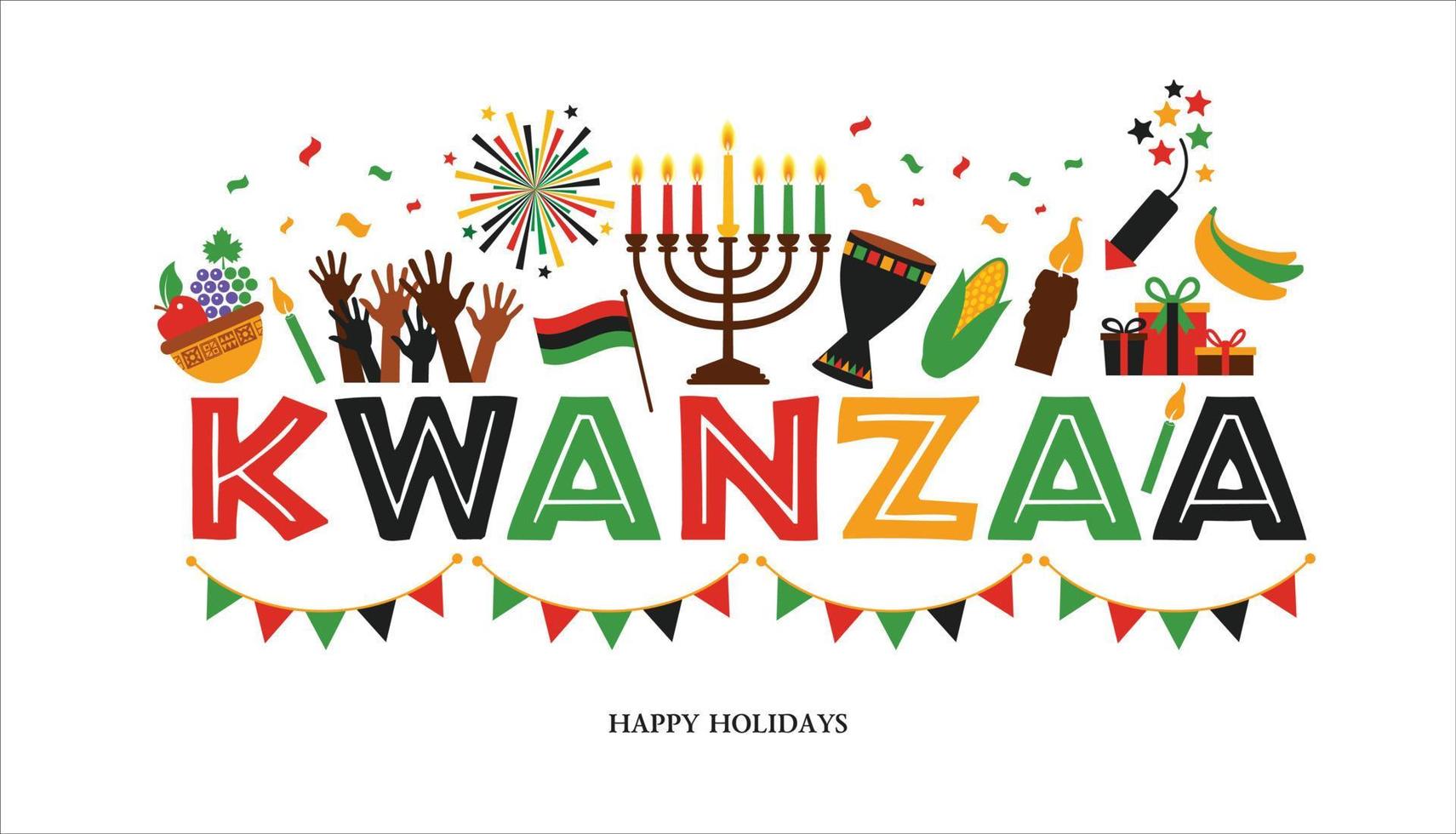 Vector illustration of Kwanzaa. Holiday african symbols with lettering on white background.