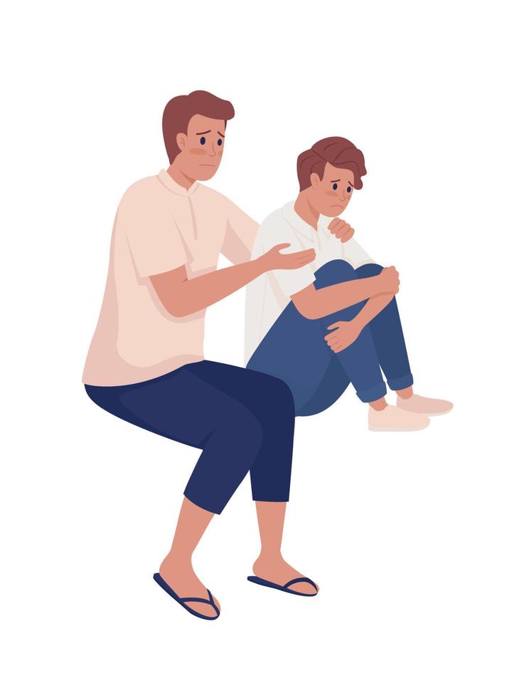 Father embracing son shoulders semi flat color vector characters. Sitting figures. Full body people on white. Family support isolated modern cartoon style illustration for graphic design and animation