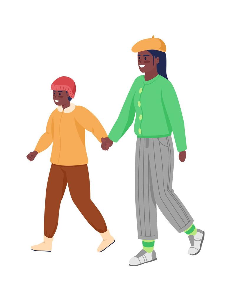 Happy mom with son on walk semi flat color vector characters. Dynamic figures. Full body people on white. Winter isolated modern cartoon style illustration for graphic design and animation