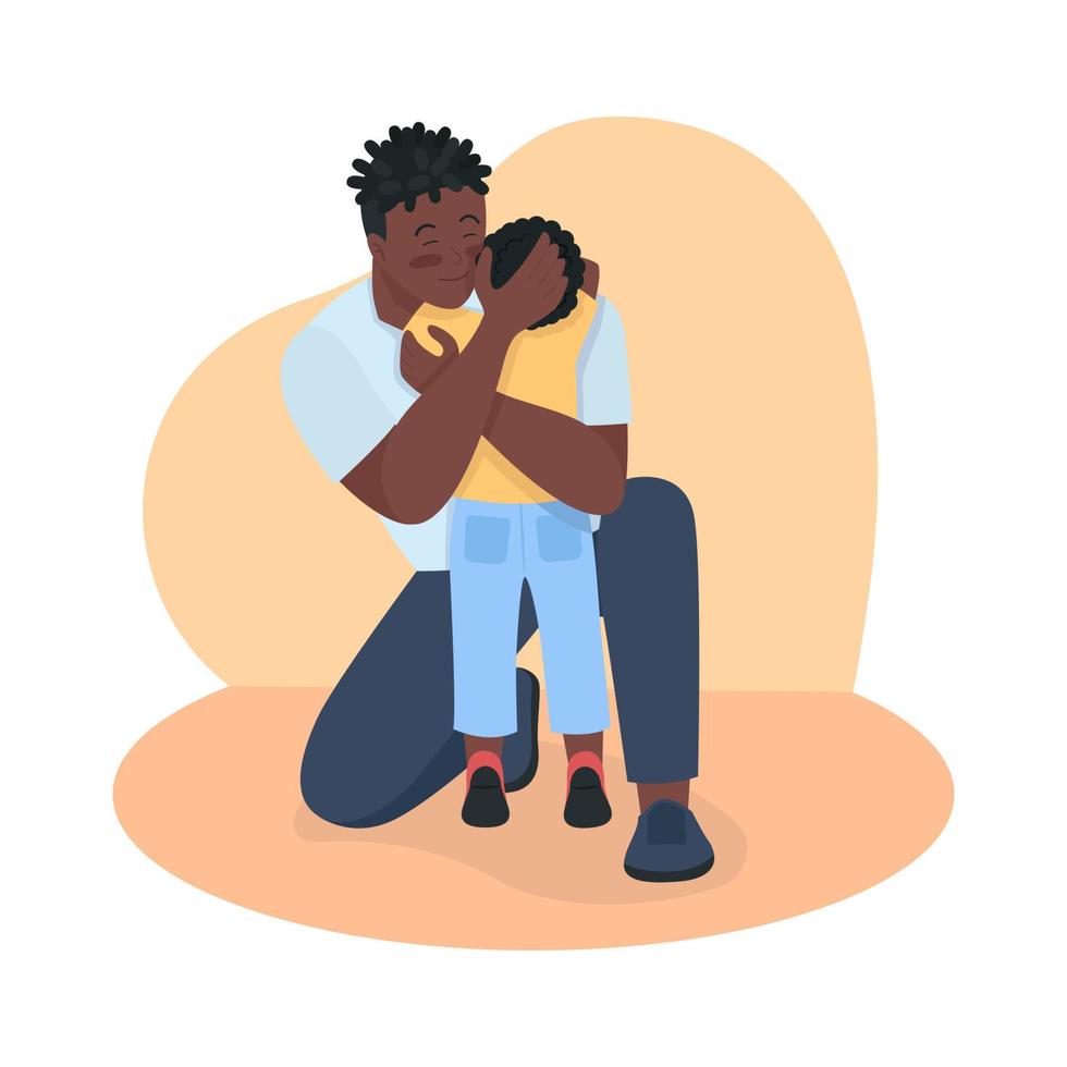 Father and son reunion 2D vector isolated illustration. Dad relaxing male toddler with hugs flat characters on cartoon background. Embracing child with care. Parenting hugging colourful scene