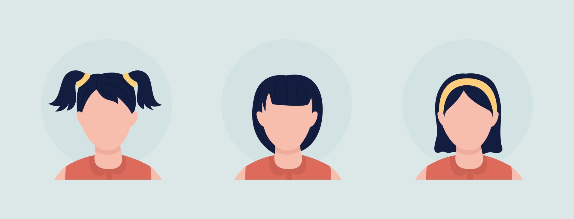 Various girl hairstyles semi flat color vector character avatar set. Casual style. Portrait from front view. Isolated modern cartoon style illustration for graphic design and animation pack