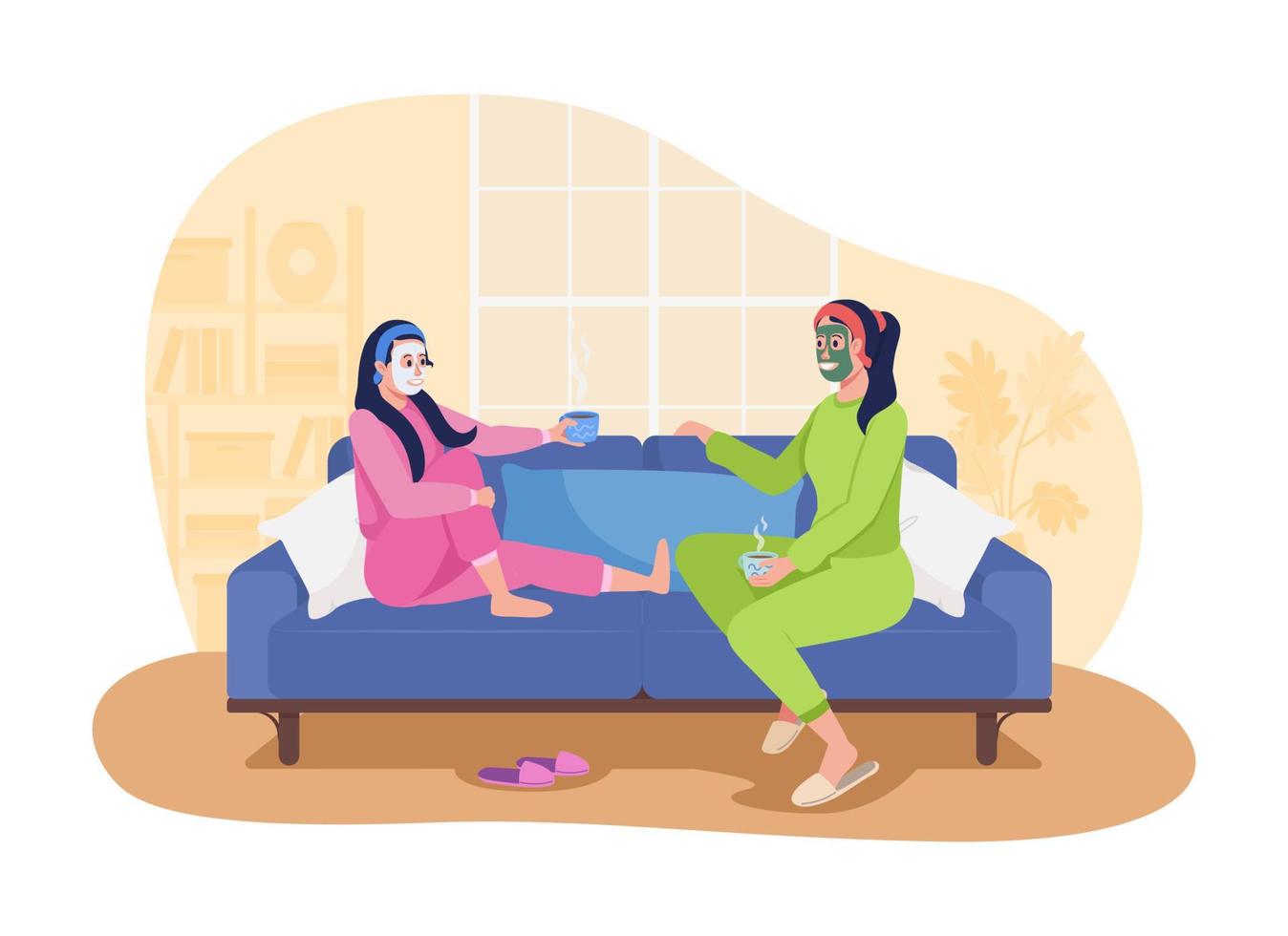 Spa day for mom and daughter 2D vector isolated illustration. Mother and teen girl sitting on couch flat characters on cartoon background. Girls party with purifying face masks colourful scene