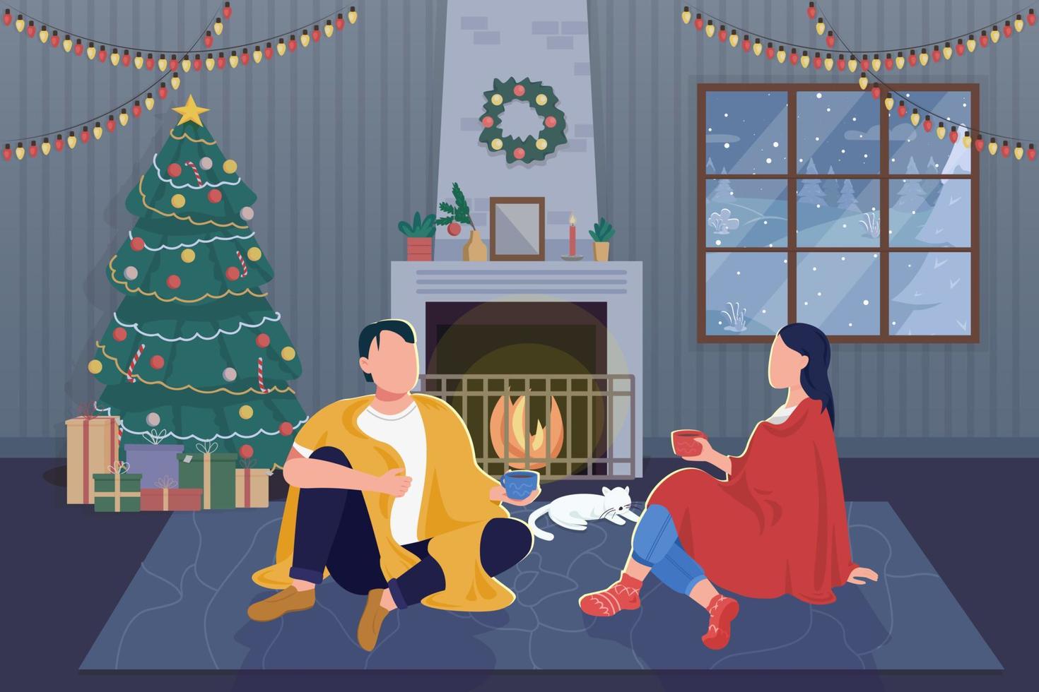 Romantic Christmas evening flat color vector illustration. Festive holiday recreational activity. Couple sitting at fireplace at home 2D cartoon characters with interior on background