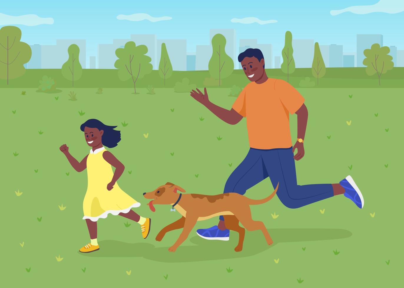 Having fun with dog in park flat color vector illustration. Take pet to walk. Running off-leash. Smiling dad and girl enjoying time together 2D cartoon characters with urban green space on background