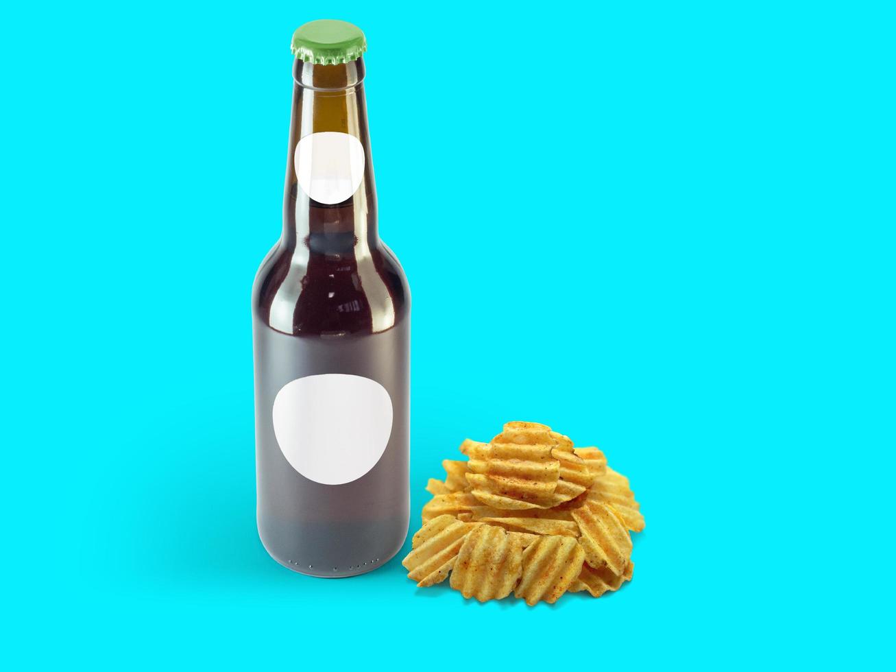 Potatoes chip snacks and brown bottle isolated on colored background. oktoberfest concept. photo